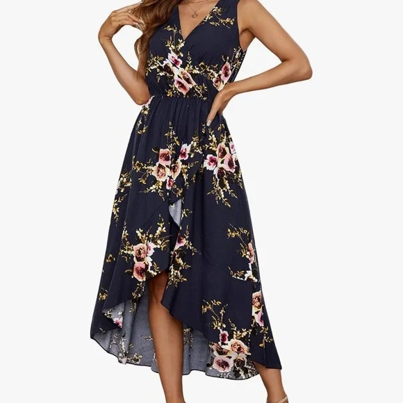 Floral Navy Blue Women's Dress - Picture 2 of 4